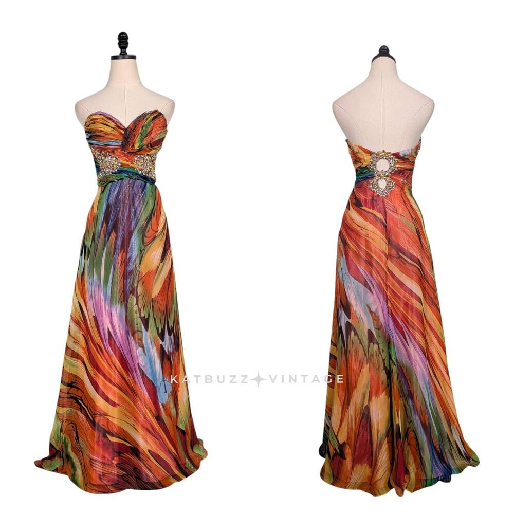 Vintage Prom Dress Maxi Gown XS Multi Rainbow Y2K Strapless Glam Birthday Pride